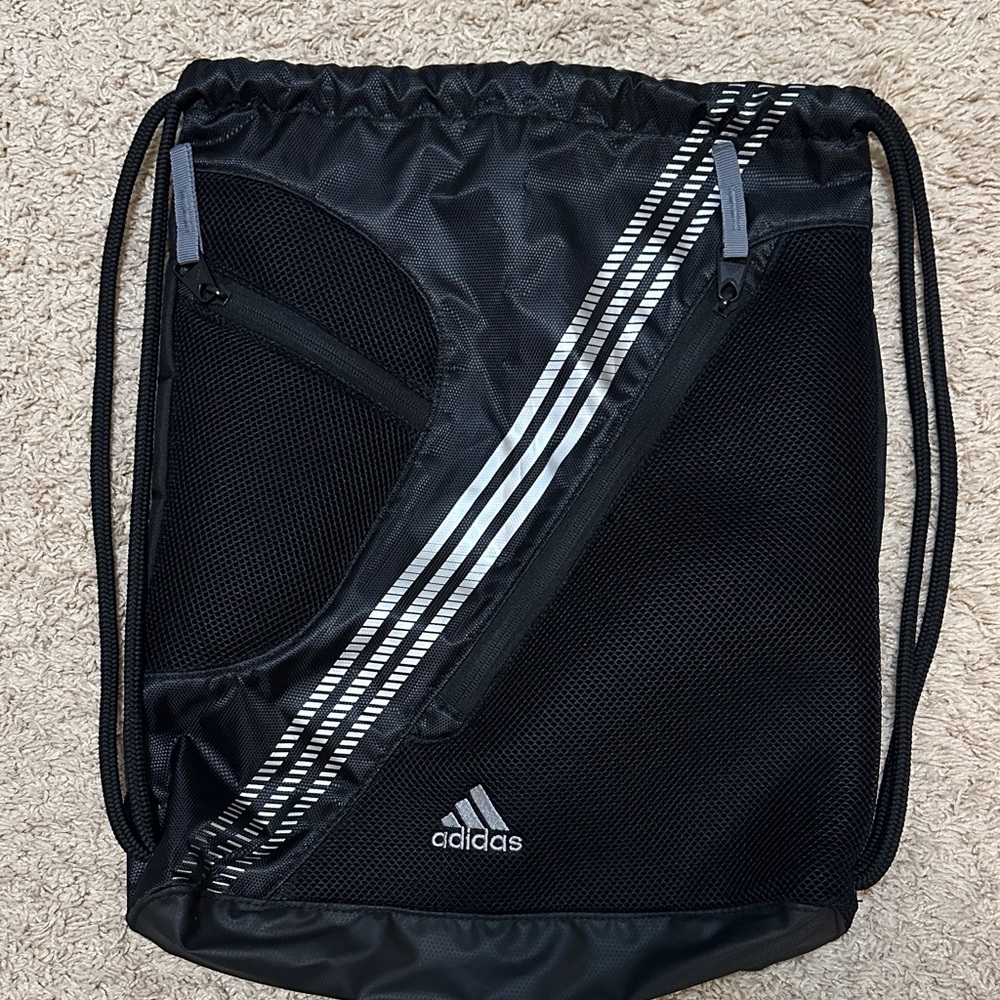 Adidas Black and Silver Drawstring Sackpack